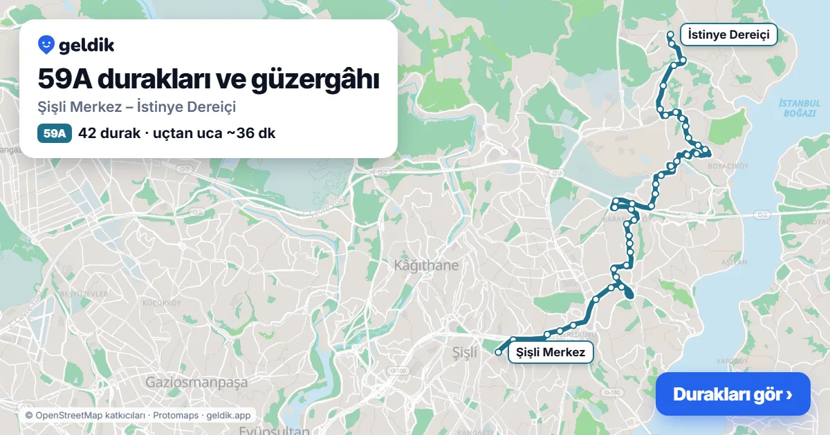 59A otobüs güzergâhı haritası: Şişli Merkez – İstinye Dereiçi, 42 durak