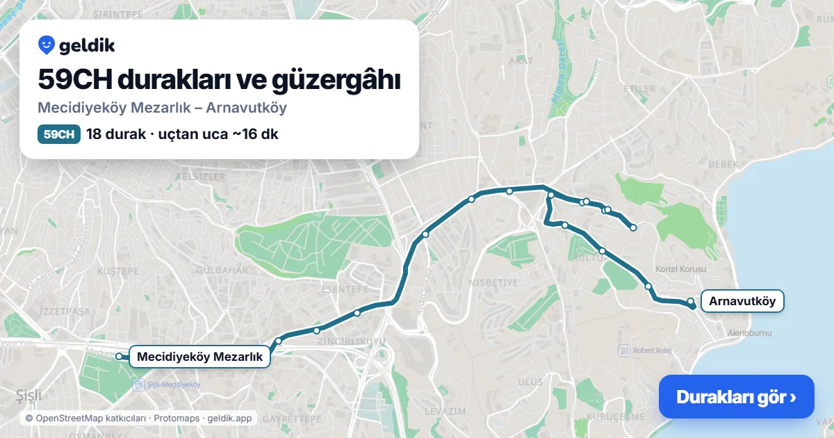 59CH otobüs güzergâhı haritası: Mecidiyeköy Mezarlık – Arnavutköy, 18 durak
