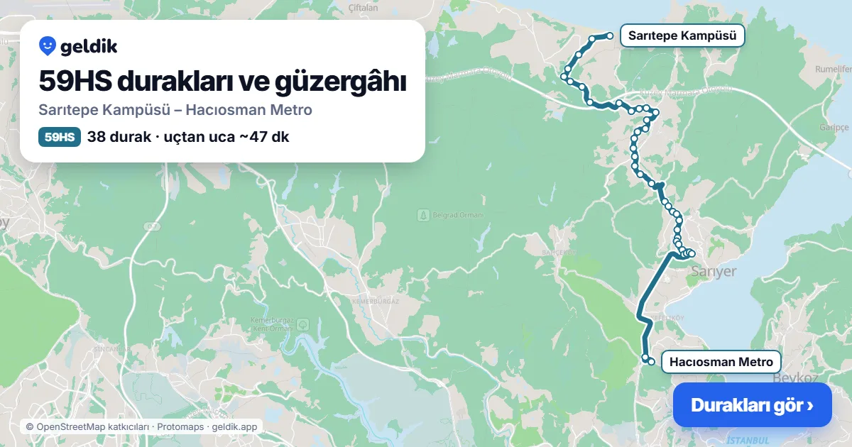 59HS otobüs güzergâhı haritası: Sarıtepe Kampüsü – Hacıosman Metro, 38 durak