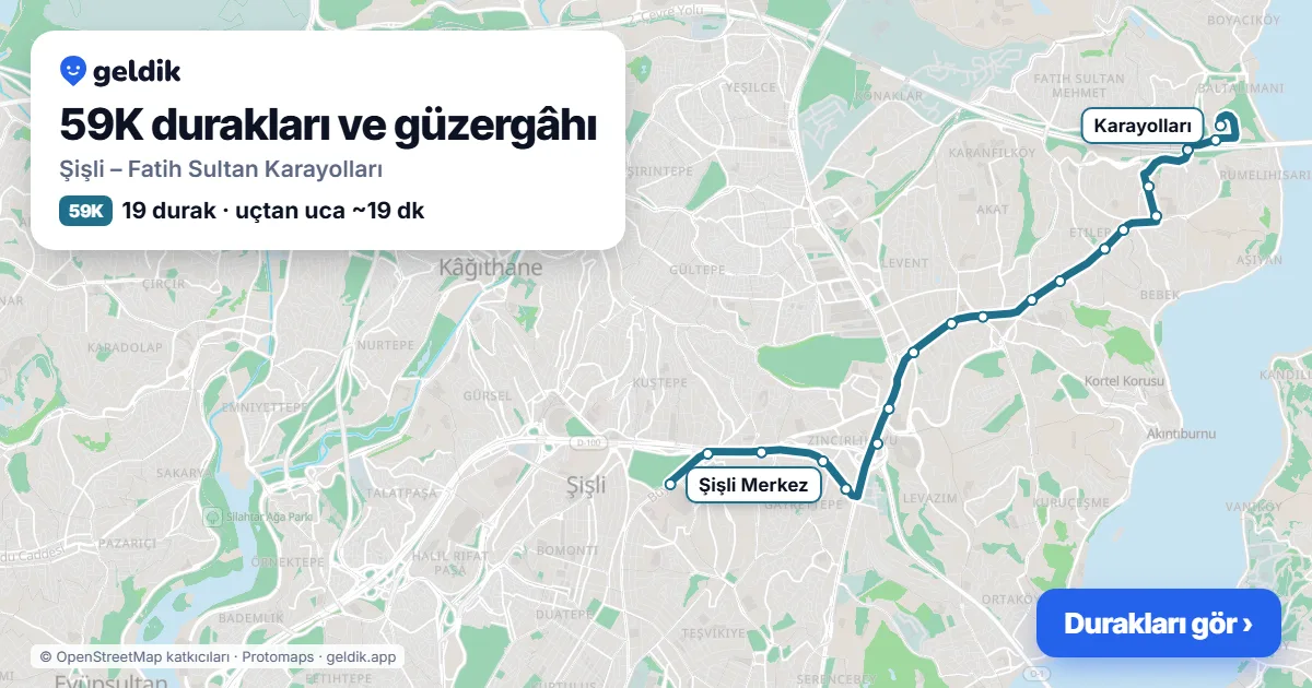 59K otobüs güzergâhı haritası: Şişli – Fatih Sultan Karayolları, 19 durak