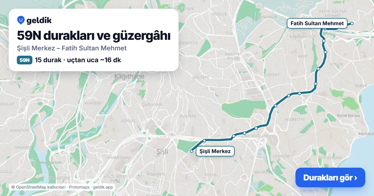 59N otobüs güzergâhı haritası: Şişli Merkez – Fatih Sultan Mehmet, 15 durak