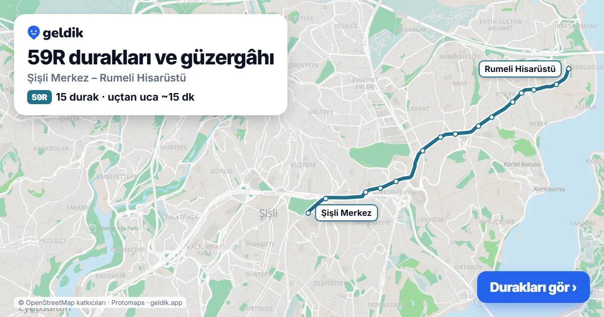 59R otobüs güzergâhı haritası: Şişli Merkez – Rumeli Hisarüstü, 15 durak