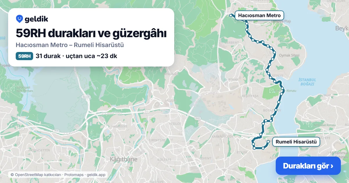 59RH otobüs güzergâhı haritası: Hacıosman Metro – Rumeli Hisarüstü, 31 durak