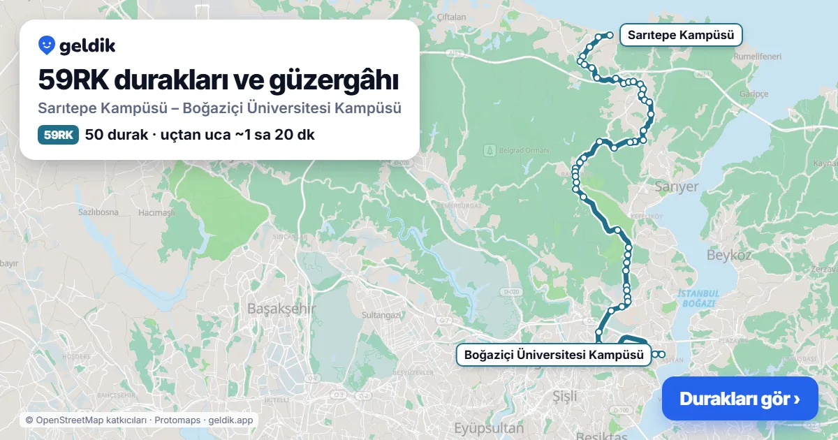 59RK otobüs güzergâhı haritası: Sarıtepe Kampüsü – Boğaziçi Üniversitesi Kampüsü, 50 durak