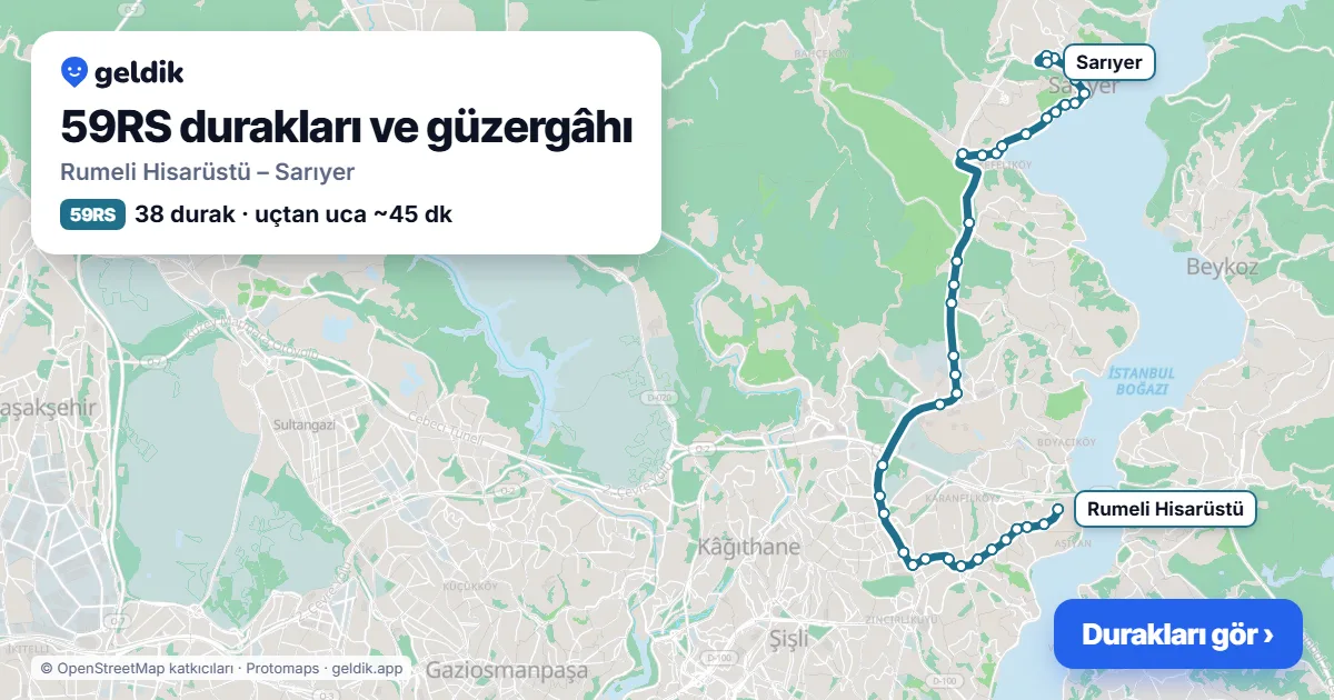 59RS otobüs güzergâhı haritası: Rumeli Hisarüstü – Sarıyer, 38 durak