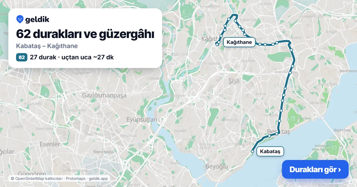 62 otobüs güzergâhı haritası: Kabataş – Kağıthane, 27 durak