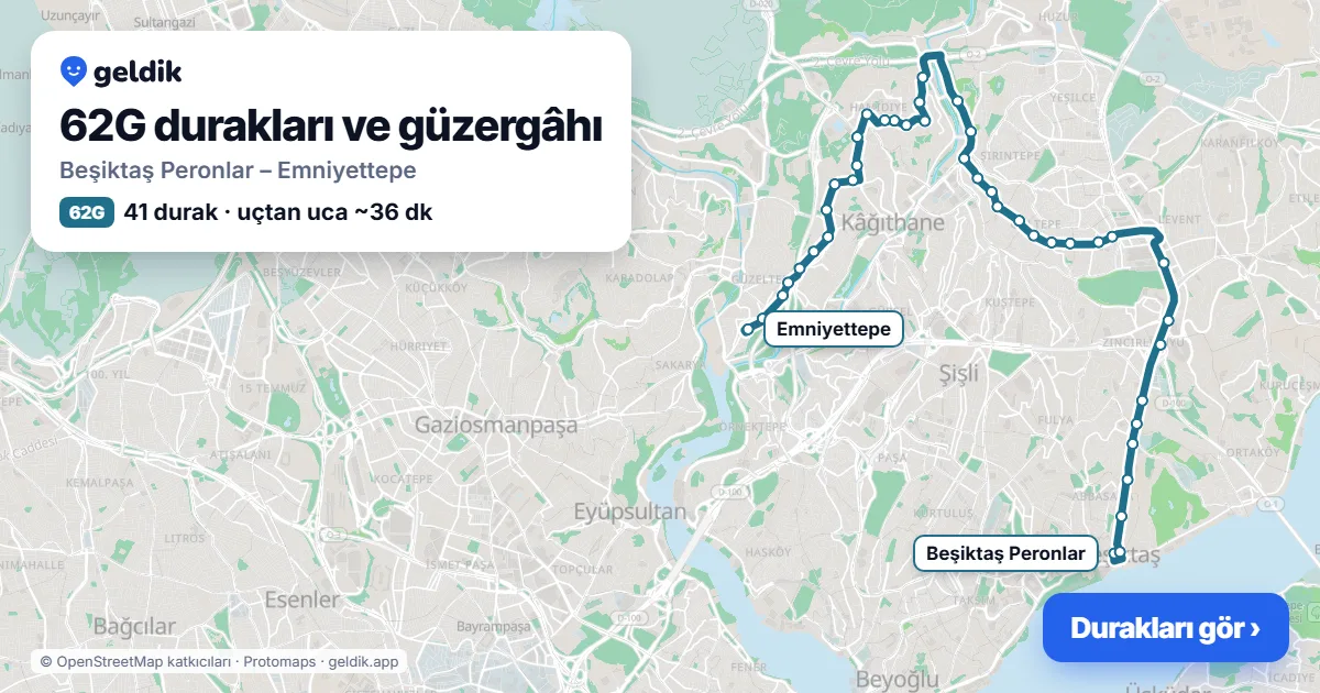 62G otobüs güzergâhı haritası: Beşiktaş Peronlar – Emniyettepe, 41 durak