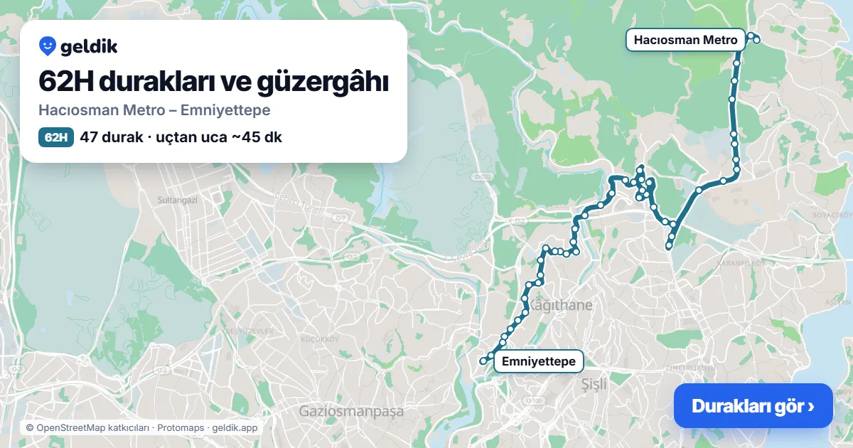 62H otobüs güzergâhı haritası: Hacıosman Metro – Emniyettepe, 47 durak