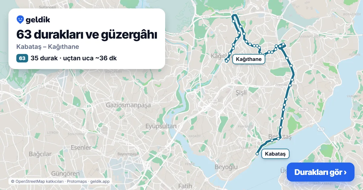 63 otobüs güzergâhı haritası: Kabataş – Kağıthane, 35 durak