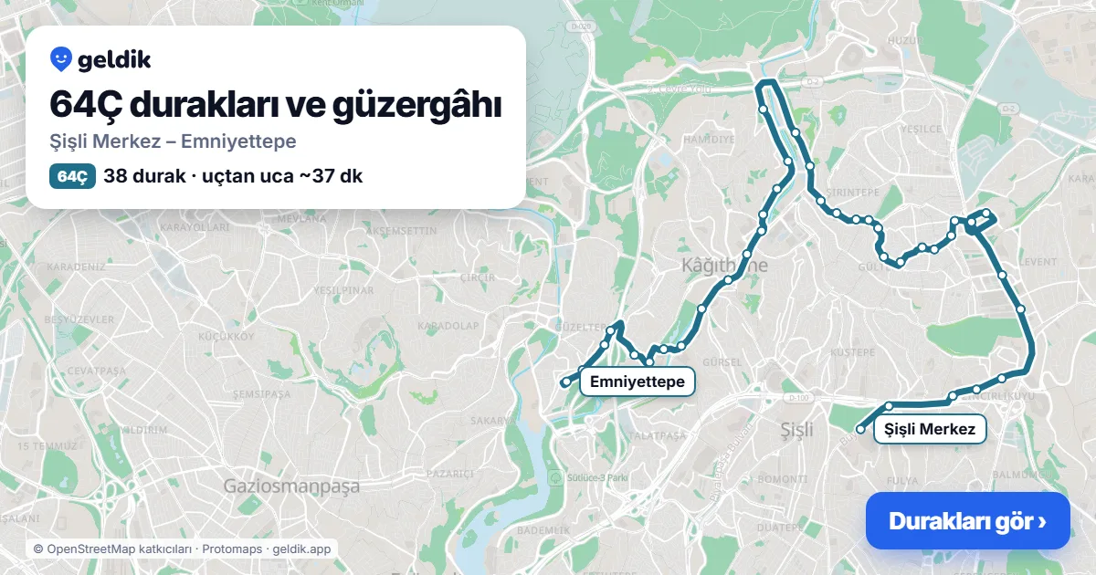 64Ç otobüs güzergâhı haritası: Şişli Merkez – Emniyettepe, 38 durak