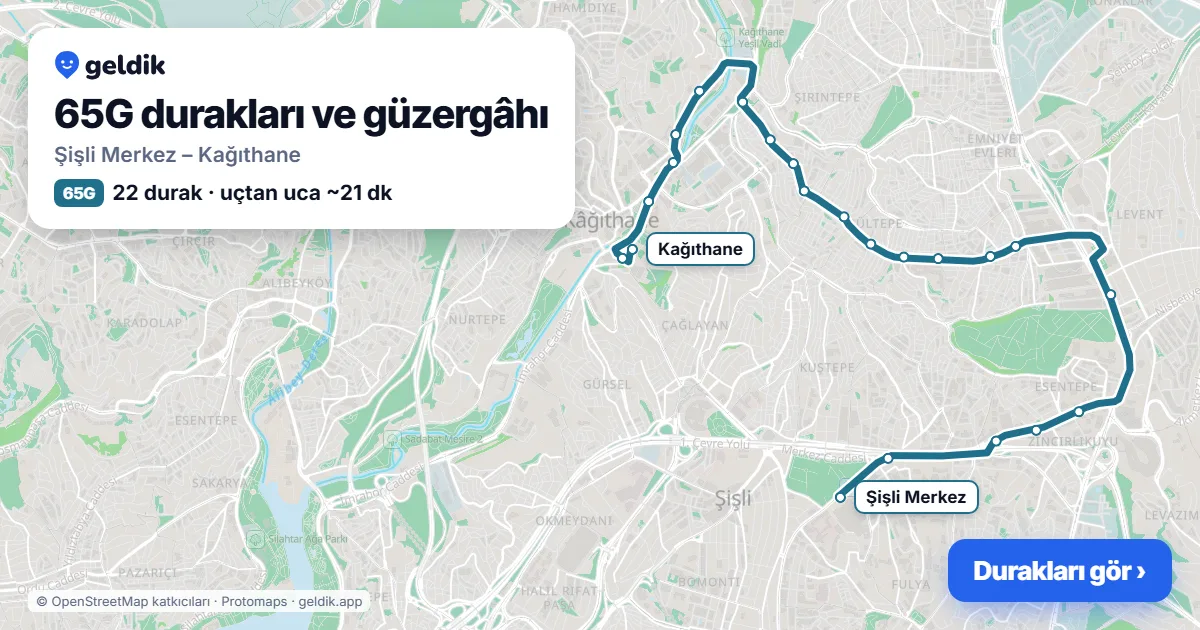 65G bus route map: Şişli Merkez – Kağıthane, 22 stops