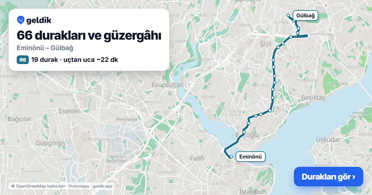 66 otobüs güzergâhı haritası: Eminönü – Gülbağ, 19 durak