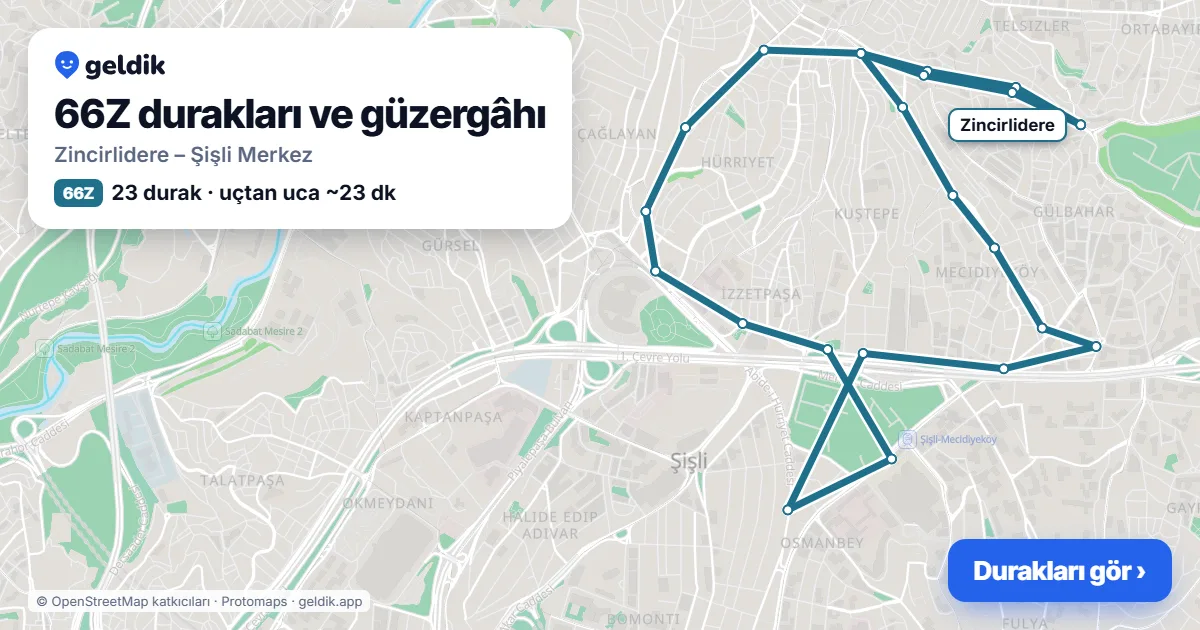 66Z otobüs güzergâhı haritası: Zincirlidere – Şişli Merkez, 23 durak
