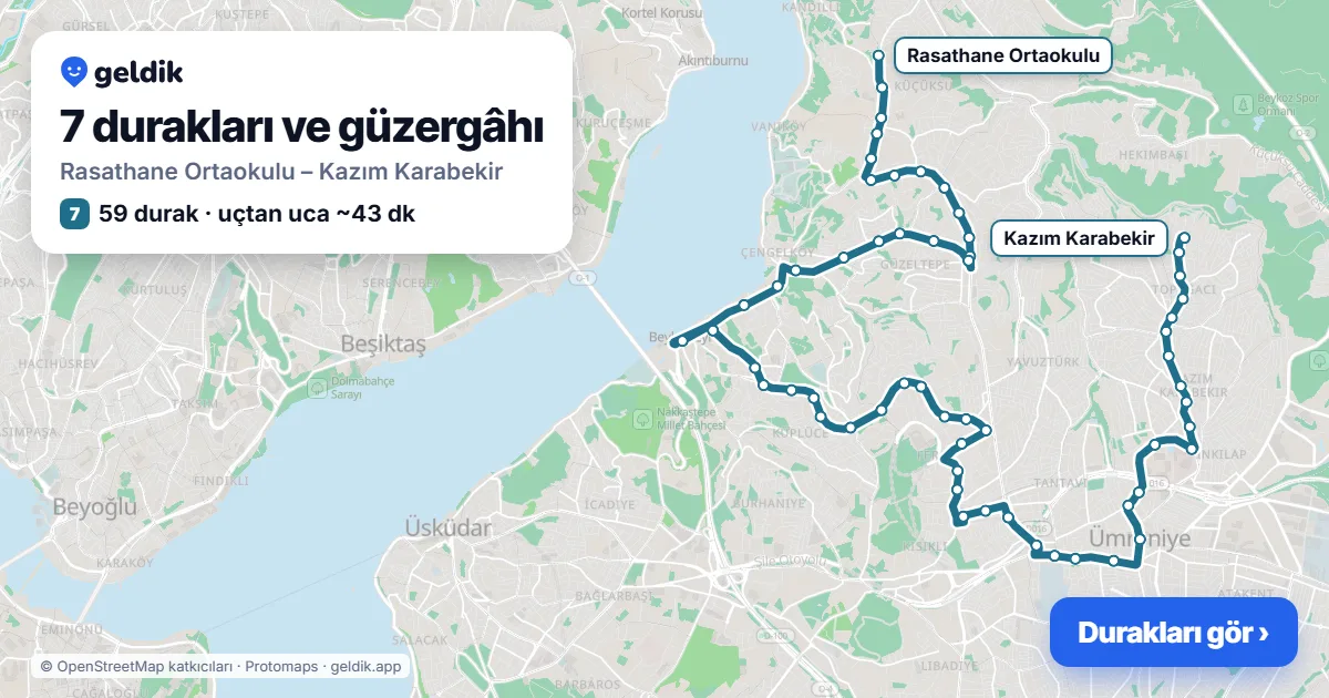 7 otobüs güzergâhı haritası: Rasathane Ortaokulu – Kazım Karabekir, 59 durak