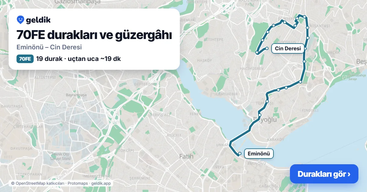 70FE otobüs güzergâhı haritası: Eminönü – Cin Deresi, 19 durak