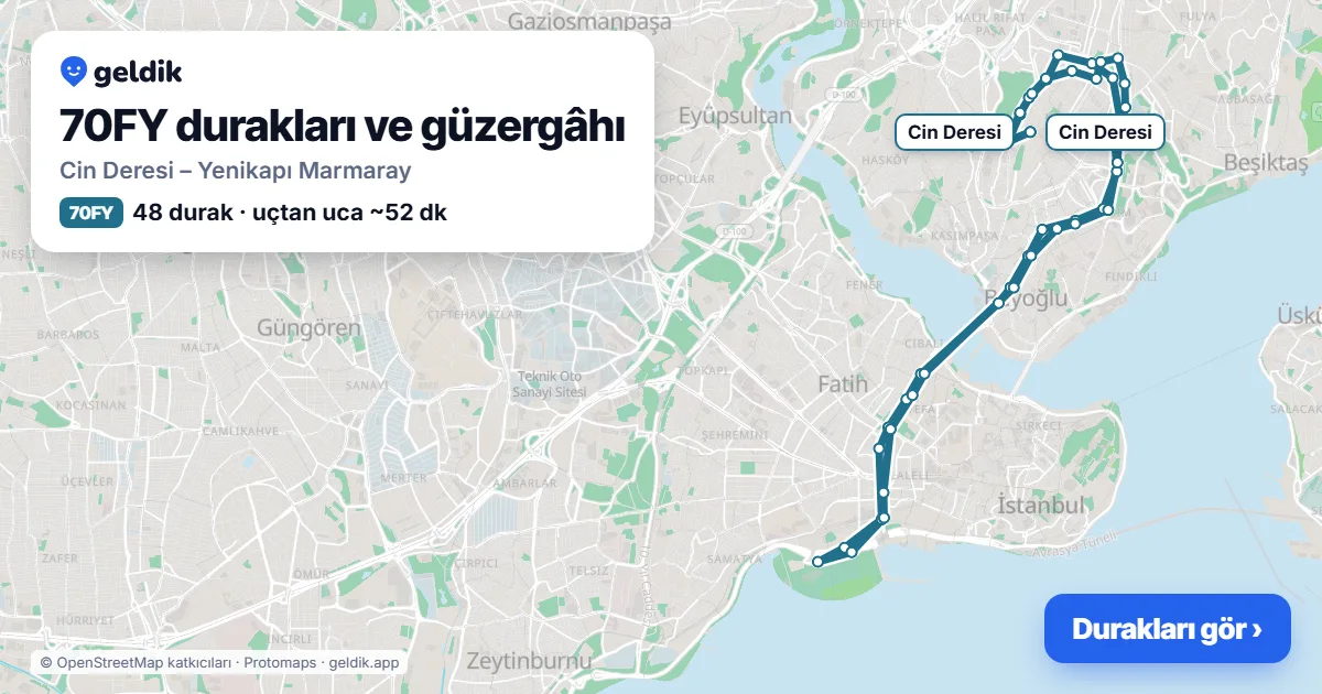 70FY otobüs güzergâhı haritası: Cin Deresi – Yenikapı Marmaray, 48 durak