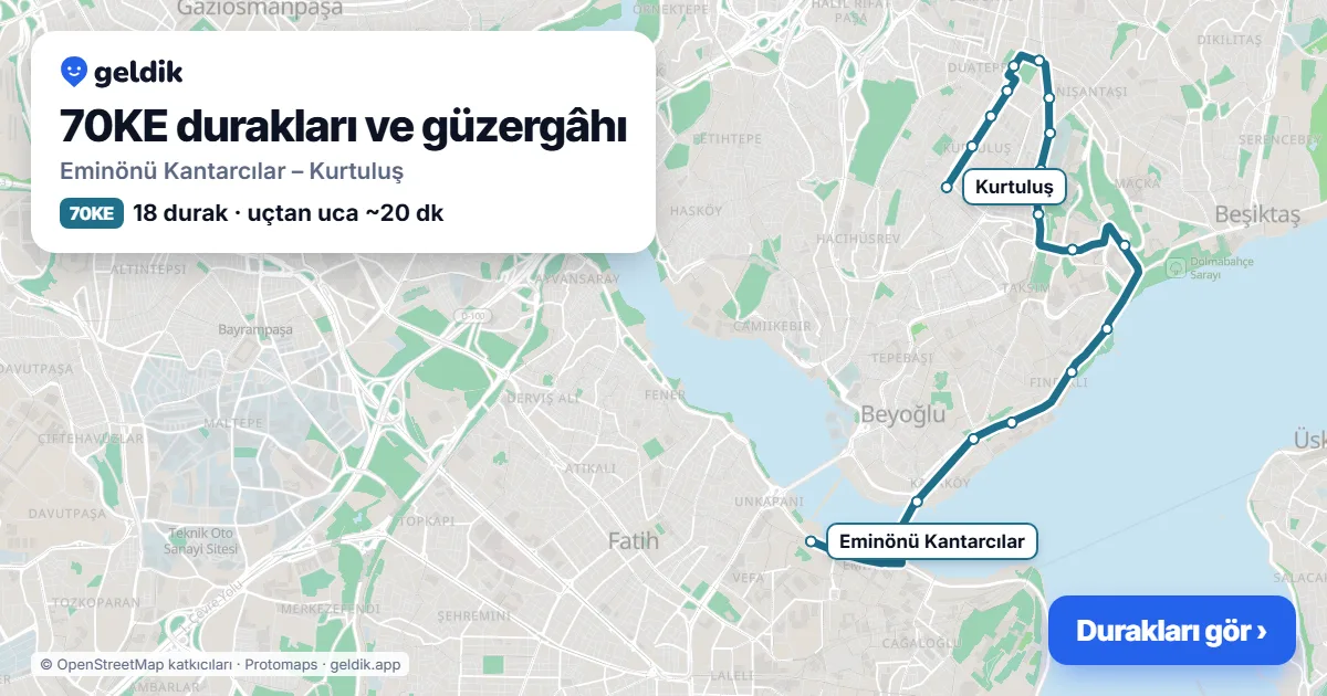 70KE otobüs güzergâhı haritası: Eminönü Kantarcılar – Kurtuluş, 18 durak