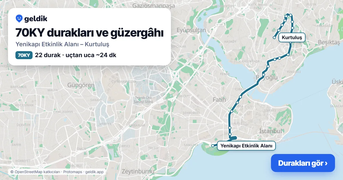 70KY otobüs güzergâhı haritası: Yenikapı Etkinlik Alanı – Kurtuluş, 22 durak