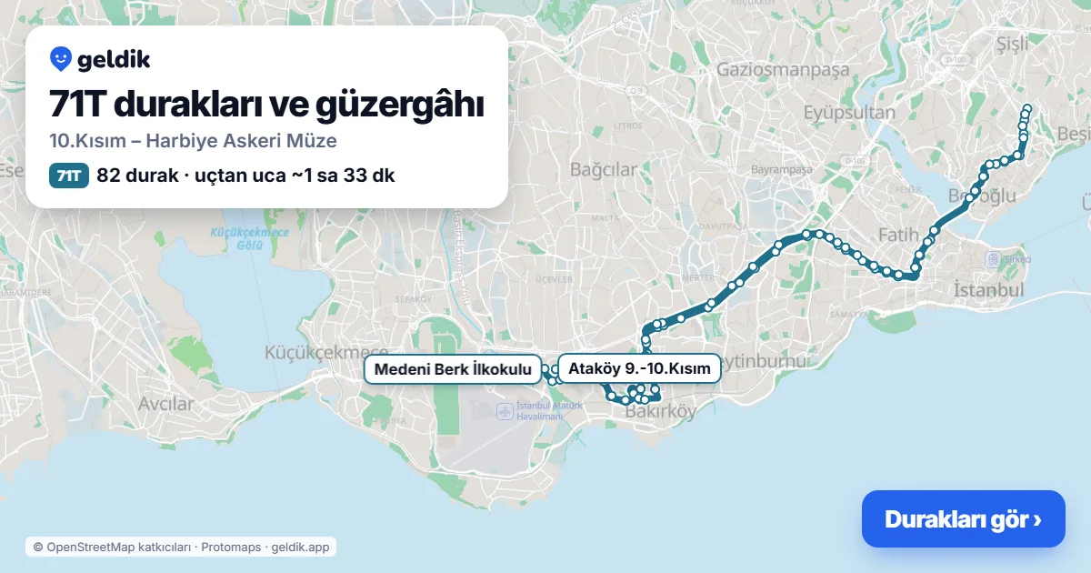 71T otobüs güzergâhı haritası: 10.Kısım – Harbiye Askeri Müze, 82 durak
