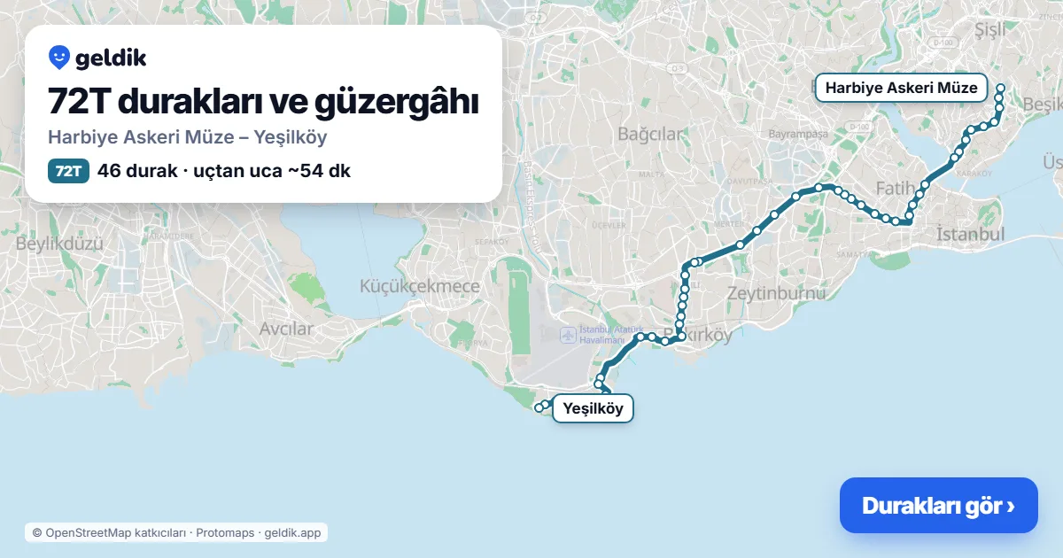 72T otobüs güzergâhı haritası: Harbiye Askeri Müze – Yeşilköy, 46 durak