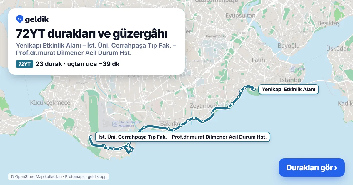 72YT bus route map: Yenikapı Etkinlik Alanı – İst. Üni. Cerrahpaşa Tıp Fak. – Prof.dr.murat Dilmener Acil Durum Hst., 23 stops