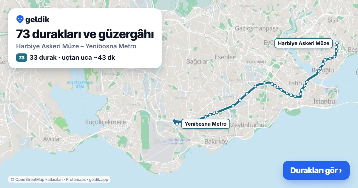 73 otobüs güzergâhı haritası: Harbiye Askeri Müze – Yenibosna Metro, 33 durak