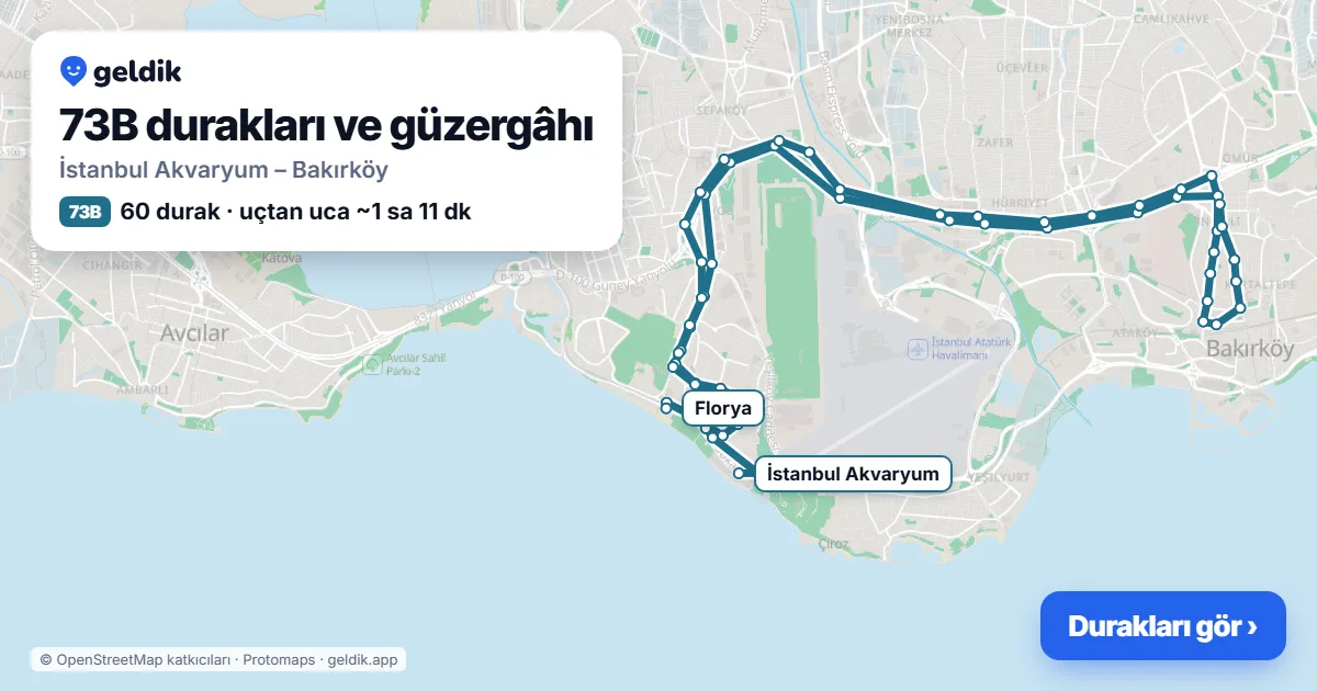 73B otobüs güzergâhı haritası: İstanbul Akvaryum – Bakırköy, 60 durak