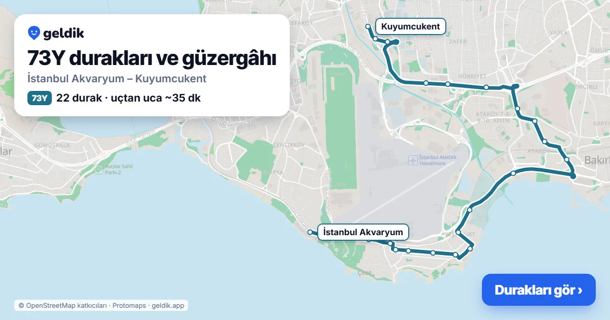 73Y otobüs güzergâhı haritası: İstanbul Akvaryum – Kuyumcukent, 22 durak