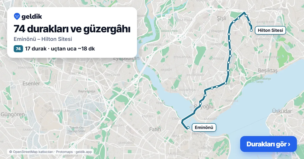 74 otobüs güzergâhı haritası: Eminönü – Hilton Sitesi, 17 durak
