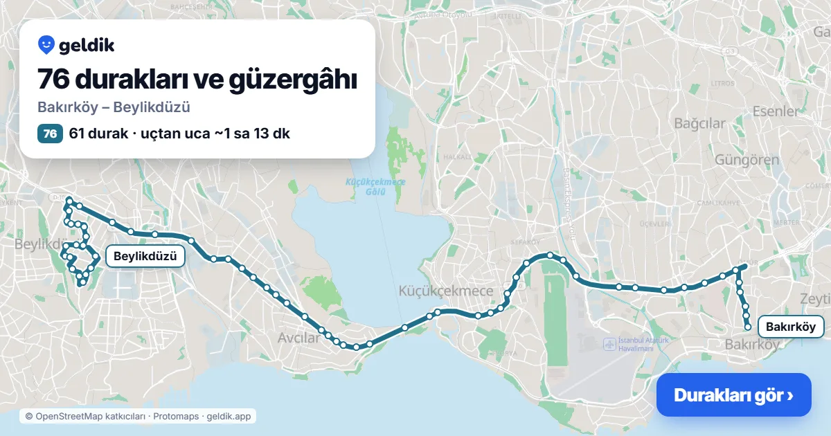 76 otobüs güzergâhı haritası: Bakırköy – Beylikdüzü, 61 durak