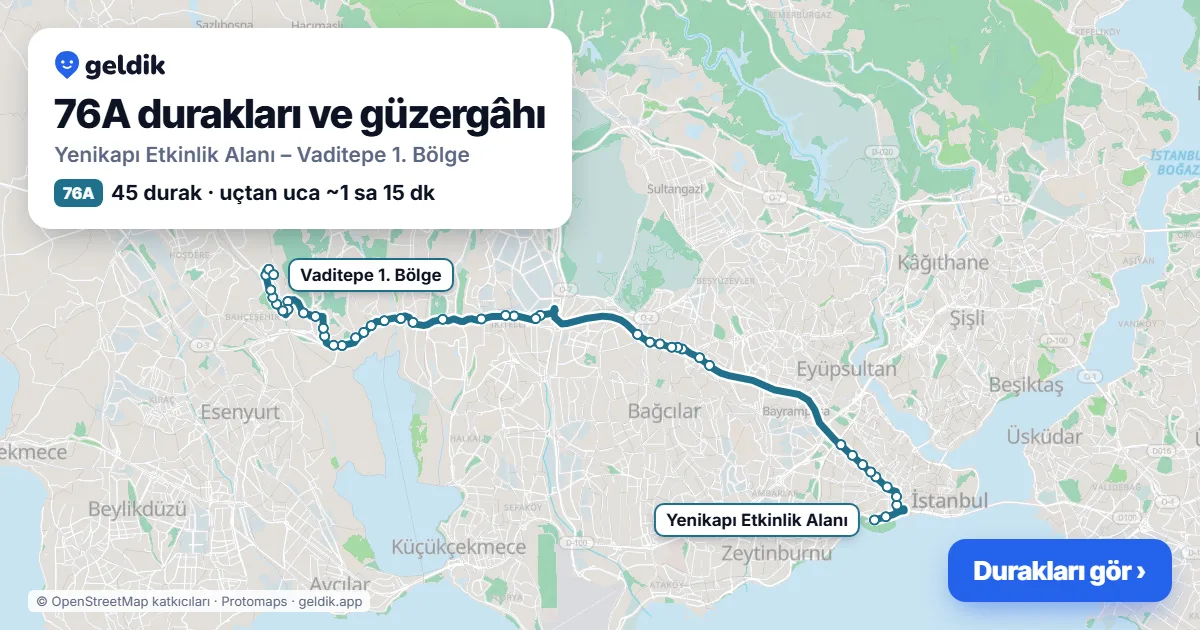 76A otobüs güzergâhı haritası: Yenikapı Etkinlik Alanı – Vaditepe 1. Bölge, 45 durak