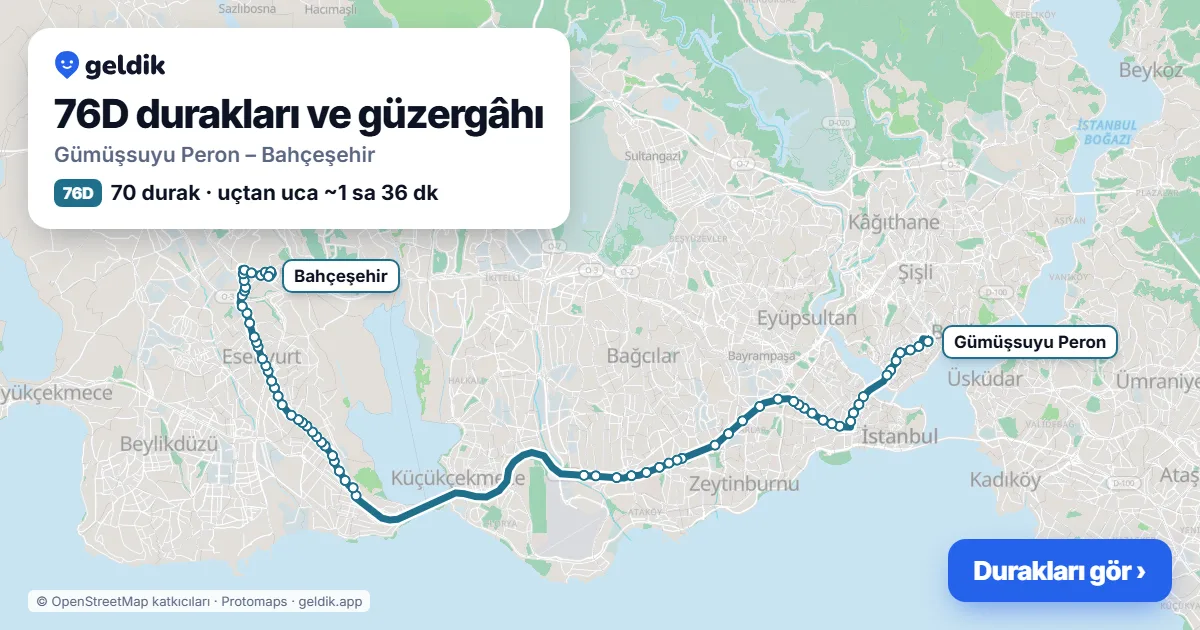 76D otobüs güzergâhı haritası: Gümüşsuyu Peron – Bahçeşehir, 70 durak