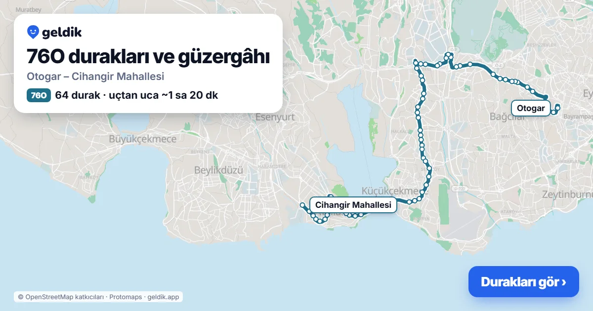 76O otobüs güzergâhı haritası: Otogar – Cihangir Mahallesi, 64 durak