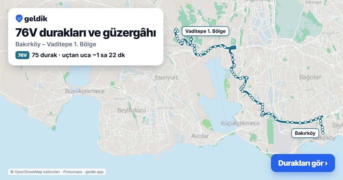 76V otobüs güzergâhı haritası: Bakırköy – Vaditepe 1. Bölge, 75 durak
