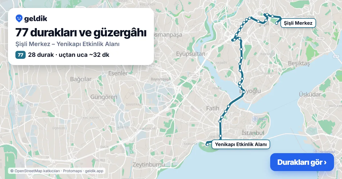 77 otobüs güzergâhı haritası: Şişli Merkez – Yenikapı Etkinlik Alanı, 28 durak