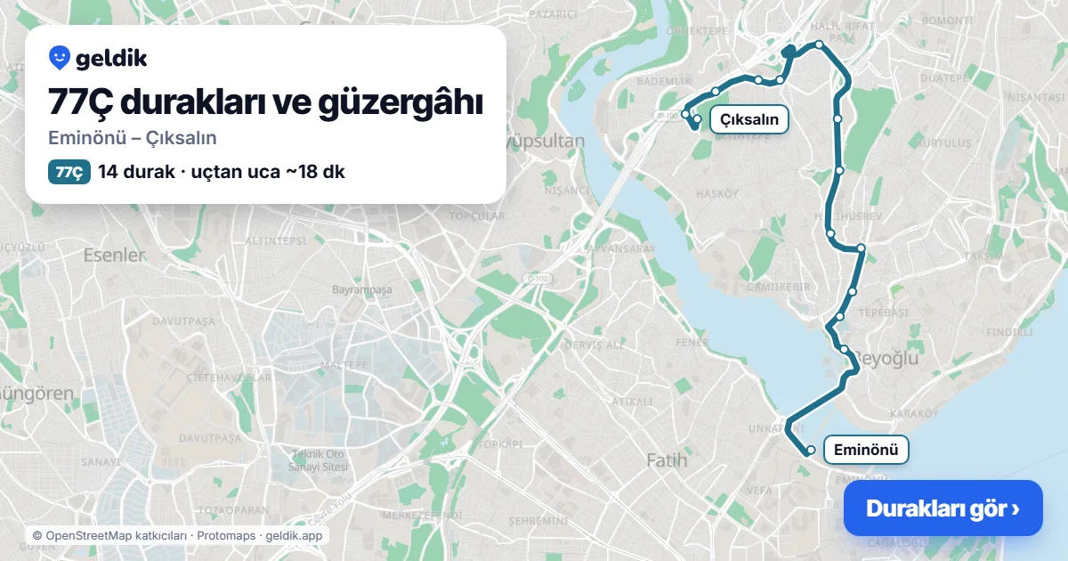 77Ç otobüs güzergâhı haritası: Eminönü – Çıksalın, 14 durak