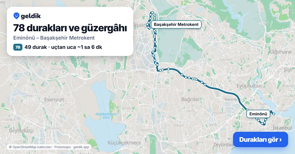 78 otobüs güzergâhı haritası: Eminönü – Başakşehir Metrokent, 49 durak