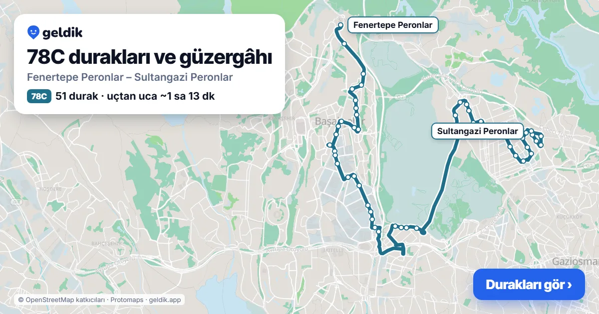 78C otobüs güzergâhı haritası: Fenertepe Peronlar – Sultangazi Peronlar, 51 durak