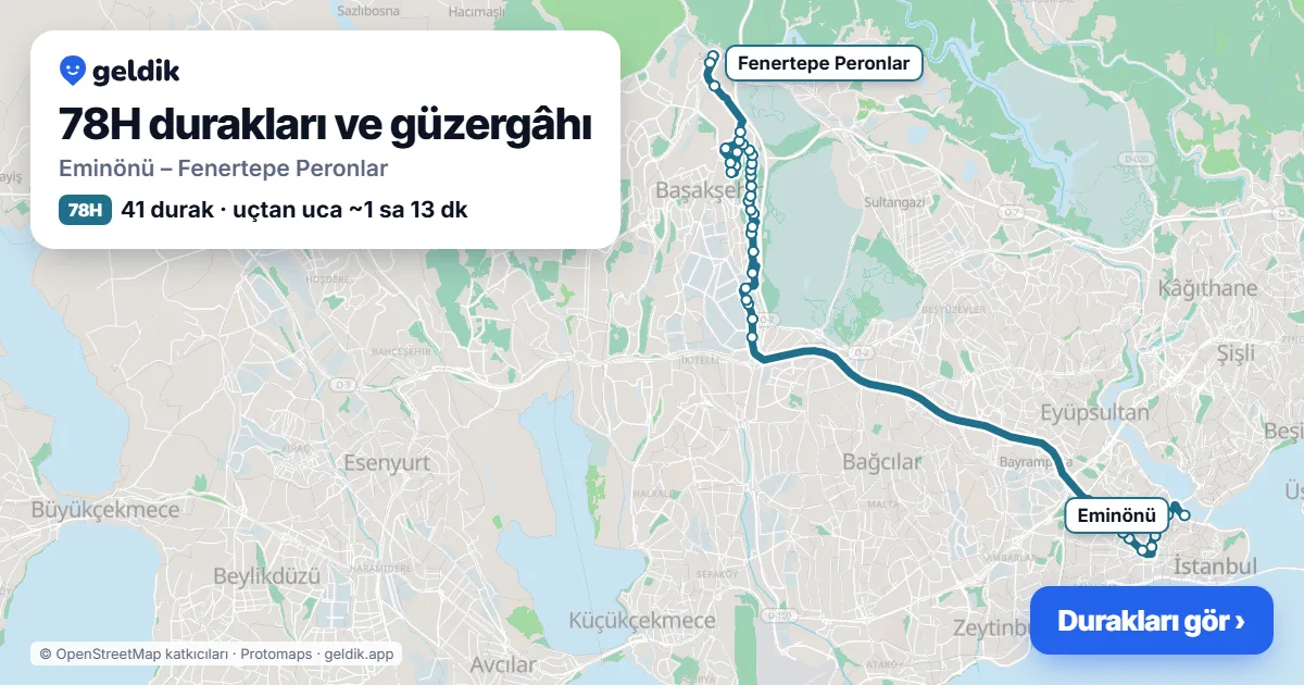 78H otobüs güzergâhı haritası: Eminönü – Fenertepe Peronlar, 41 durak