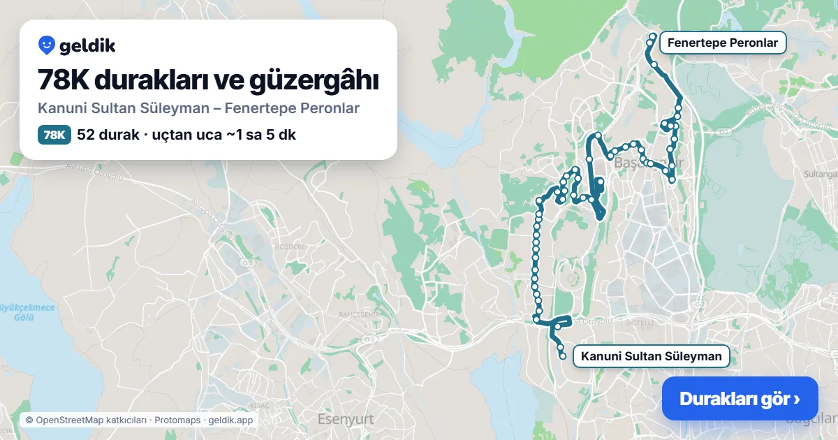 78K otobüs güzergâhı haritası: Kanuni Sultan Süleyman – Fenertepe Peronlar, 52 durak