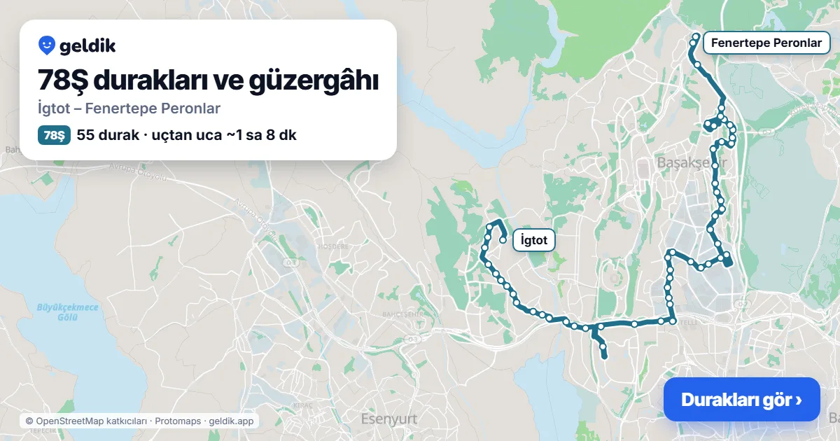 78Ş otobüs güzergâhı haritası: İgtot – Fenertepe Peronlar, 55 durak