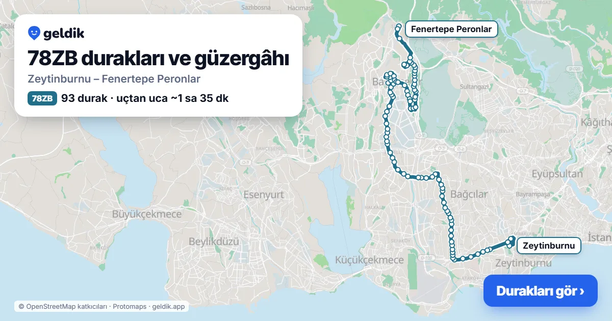 78ZB otobüs güzergâhı haritası: Zeytinburnu – Fenertepe Peronlar, 93 durak