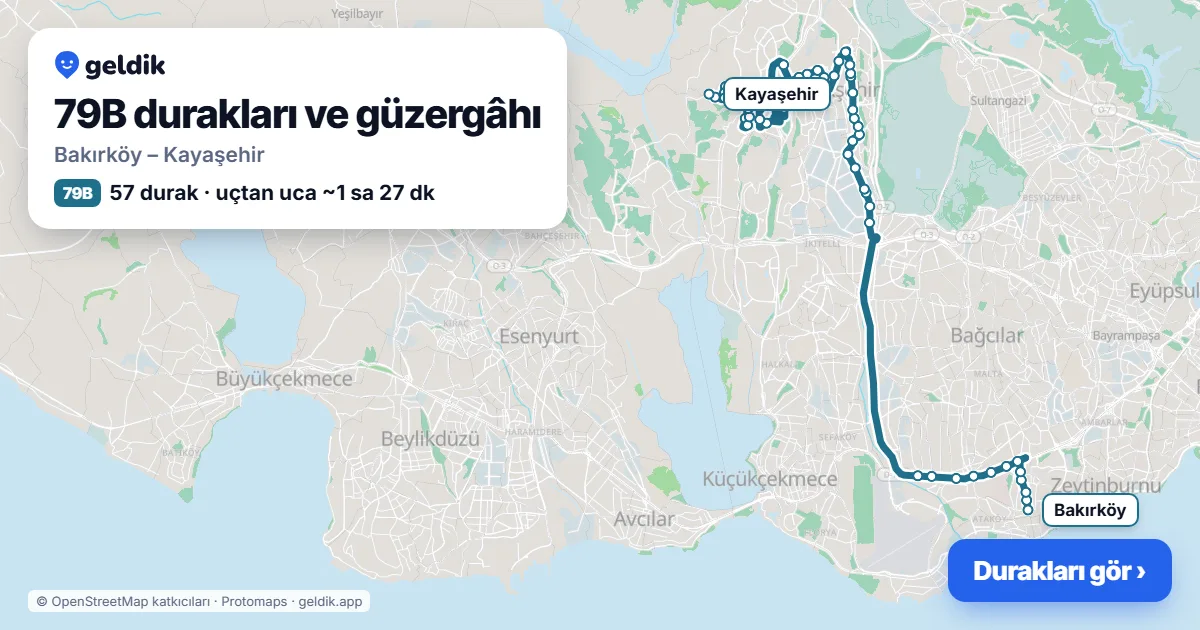 79B otobüs güzergâhı haritası: Bakırköy – Kayaşehir, 57 durak