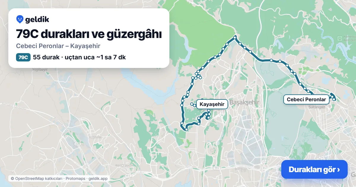 79C otobüs güzergâhı haritası: Cebeci Peronlar – Kayaşehir, 55 durak