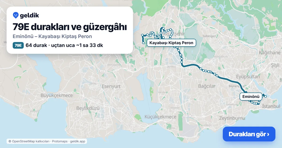 79E otobüs güzergâhı haritası: Eminönü – Kayabaşı Kiptaş Peron, 64 durak