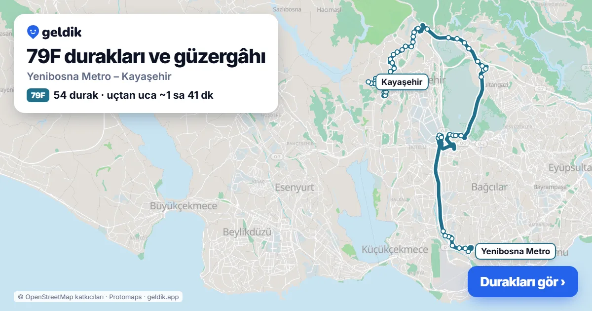 79F otobüs güzergâhı haritası: Yenibosna Metro – Kayaşehir, 54 durak