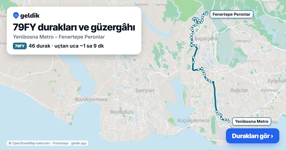 79FY otobüs güzergâhı haritası: Yenibosna Metro – Fenertepe Peronlar, 46 durak