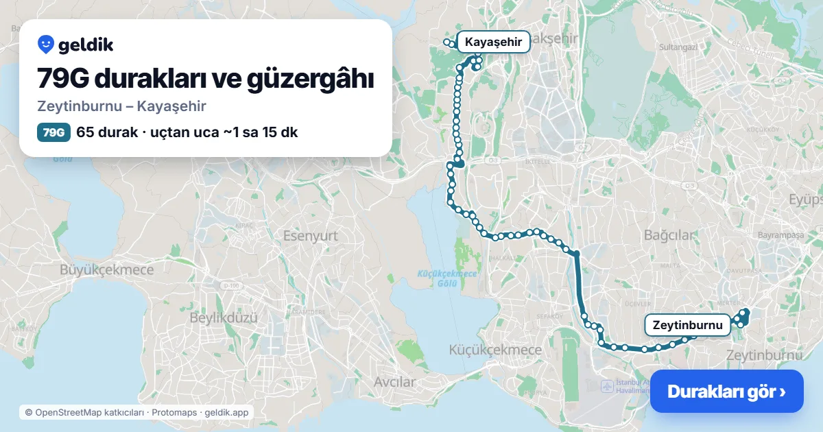 79G otobüs güzergâhı haritası: Zeytinburnu – Kayaşehir, 65 durak