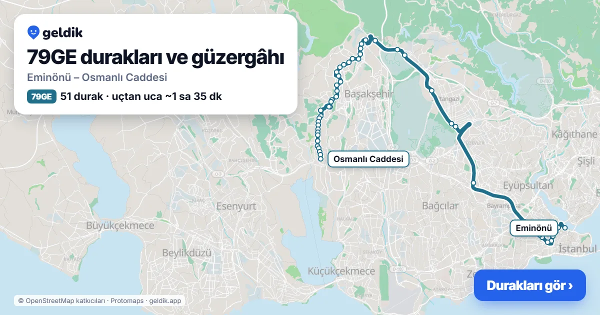 79GE bus route map: Eminönü – Osmanlı Caddesi, 51 stops