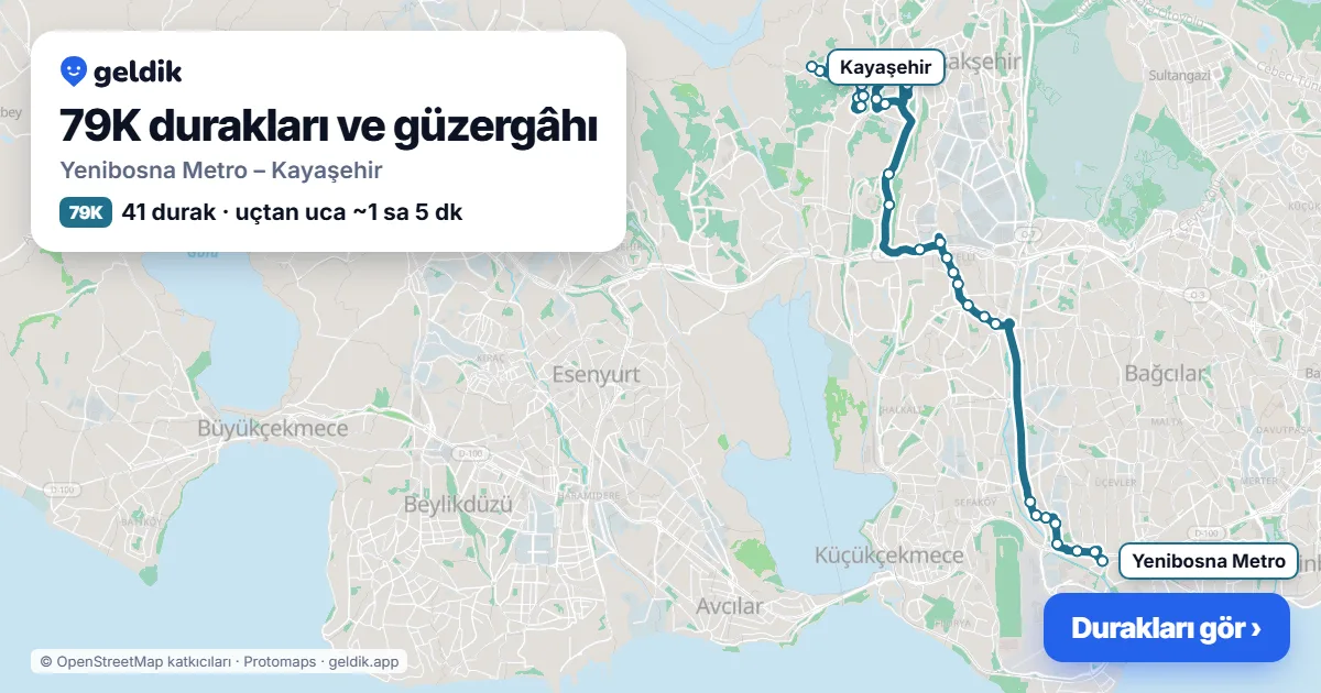 79K otobüs güzergâhı haritası: Yenibosna Metro – Kayaşehir, 41 durak